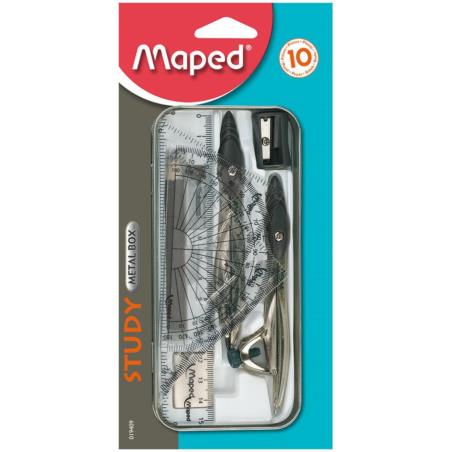 CYRKIEL STUDY  MAPED ZESTAW 10 ELEMENT Cyrkiel MAPED STUDY w zestawie 10 elementów - metalowe etui 19409